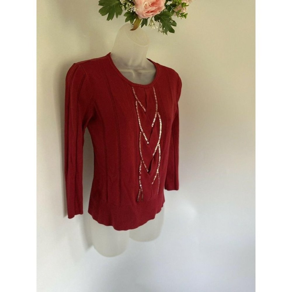 Apostrophe Red Sequined Cable Sweater Size Small - Picture 3 of 10